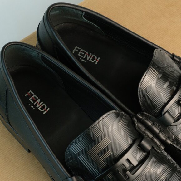 Fendi Men’s Tonal FF-Monogram Leather O’Lock Loafers, Black, US 9/EU 42 - Picture 2 of 11